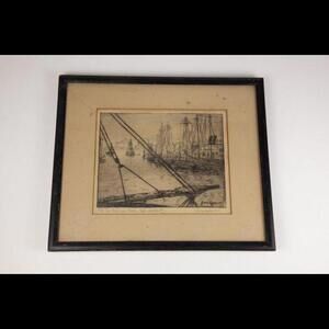 Leon Dolice Vintage Framed Etching of 1922 New York Harbor 11x12